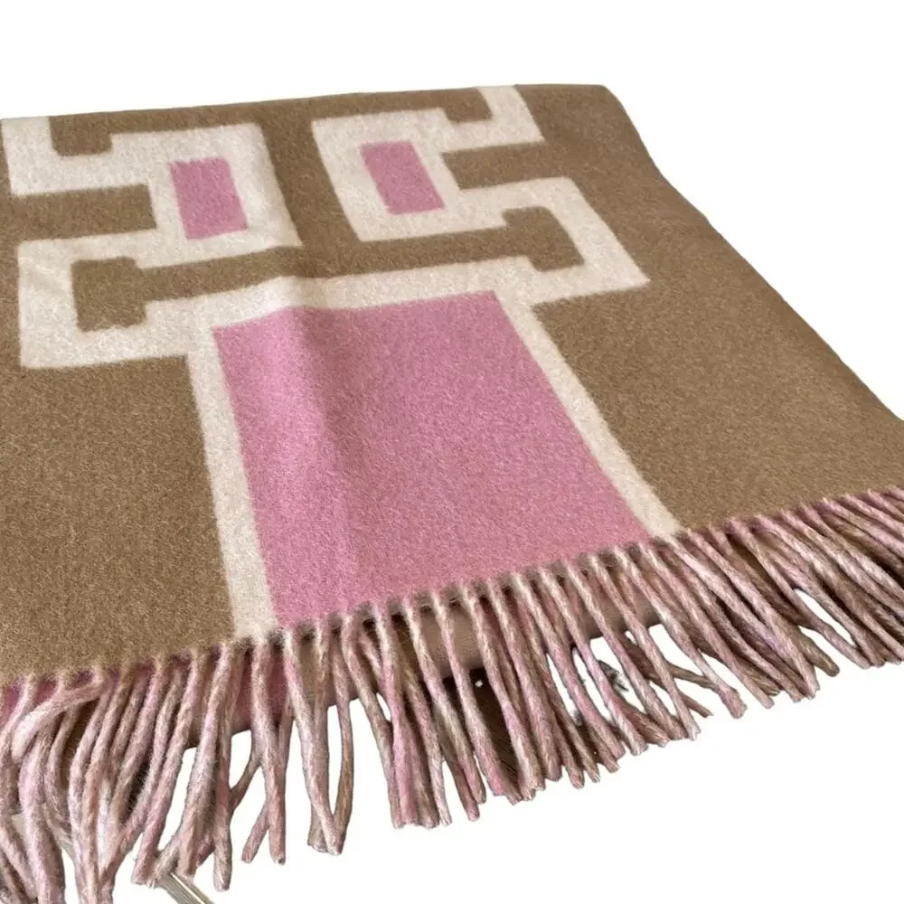 Coach Reversible Colorblock Varsity Print Oversized Muffler Scarf Pink Tan